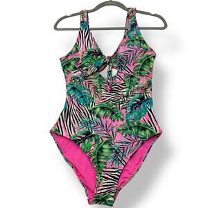 Kian D Neon Palm Leaf Padded Bra Cut Out One Piece Swimsuit Women's XL